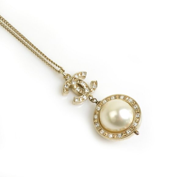 CHANEL Necklace Coco Mark Metal Faux Pearl Gold Off-White Women's e59728g - Picture 1 of 5